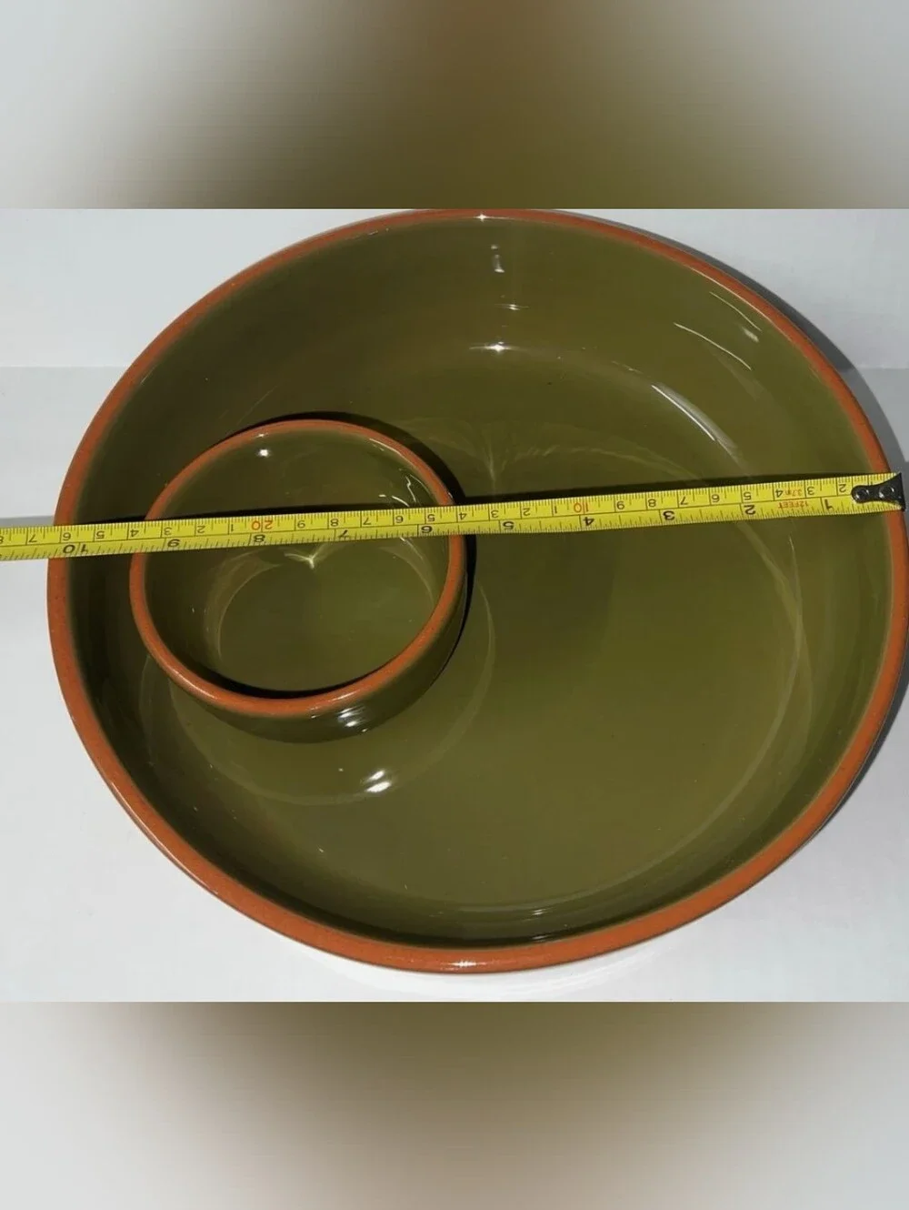 Terracotta Pottery Chip & Dip Serve Bowl Olive/Brown 10.5